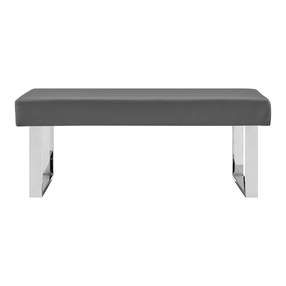 Amanda Contemporary Dining Bench in Gray Faux Leather and Chrome Finish