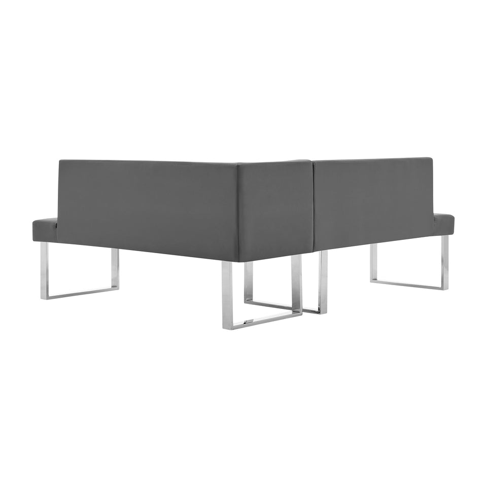 Amanda Contemporary Nook Corner Dining Bench in Gray Faux Leather and Chrome Finish