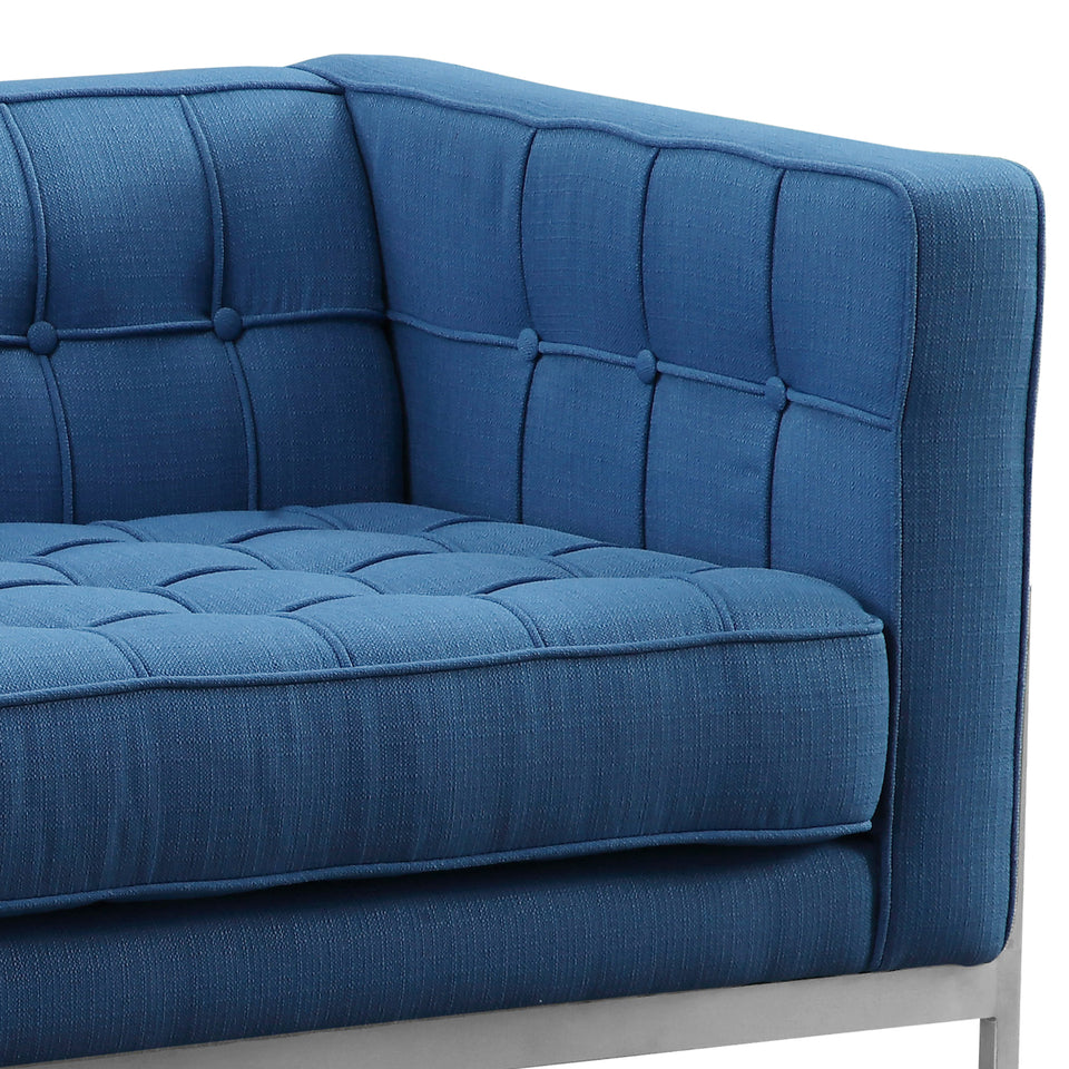 Andre Contemporary Sofa in Brushed Stainless Steel and Blue Fabric