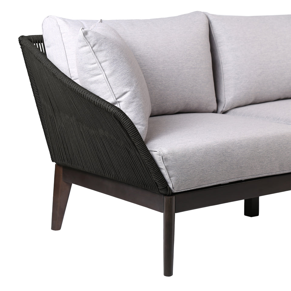 Athos Indoor Outdoor 3 Seater Sofa in Dark Eucalyptus Wood with Latte Rope and Grey Cushions
