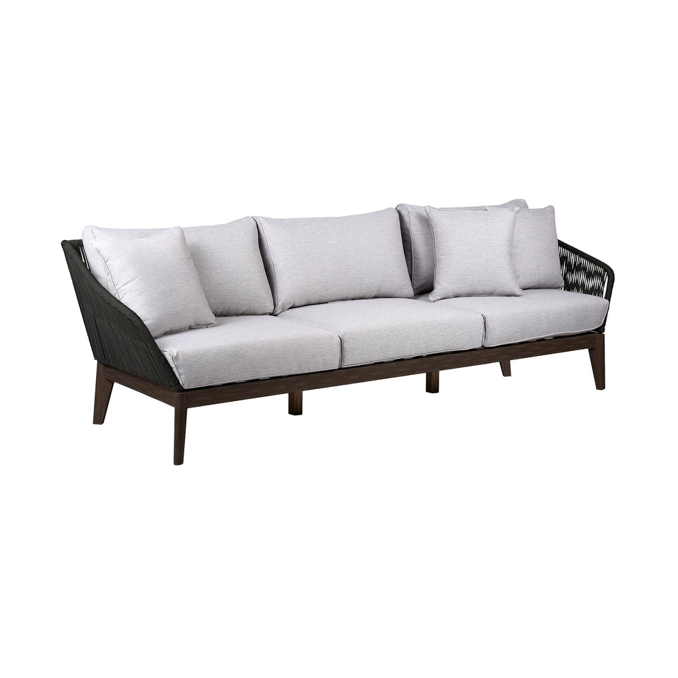 Athos Indoor Outdoor 3 Seater Sofa in Dark Eucalyptus Wood with Latte Rope and Grey Cushions