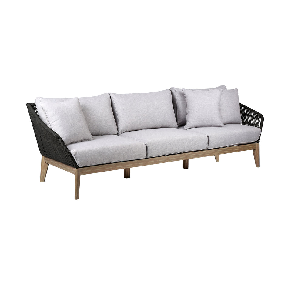 Athos Indoor Outdoor 3 Seater Sofa in Light Eucalyptus Wood with Latte Rope and Grey Cushions