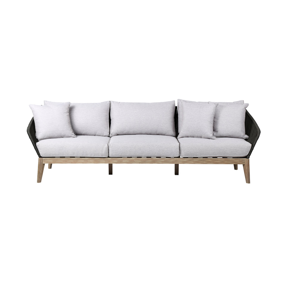 Athos Indoor Outdoor 3 Seater Sofa in Light Eucalyptus Wood with Latte Rope and Grey Cushions