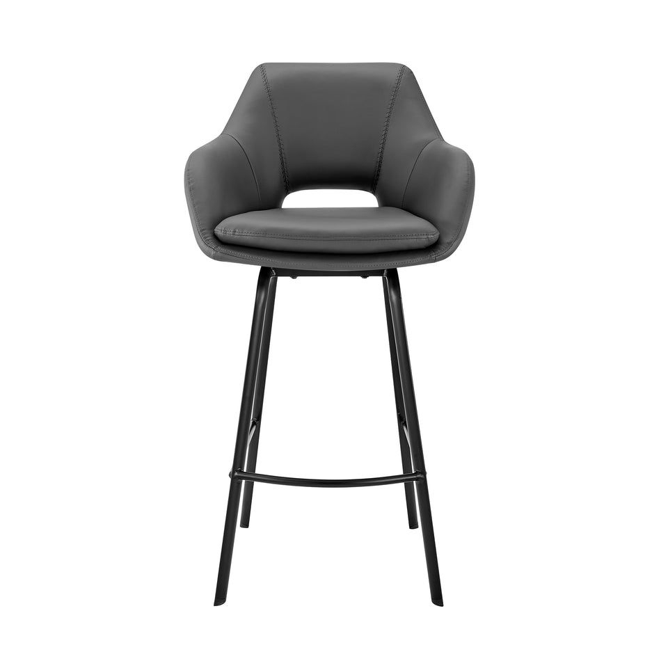 Aura Gray Faux Leather and Black Metal Swivel 30" Bar Stool