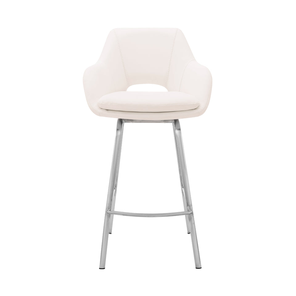 Aura White Faux Leather and Brushed Stainless Steel Swivel 26" Counter Stool