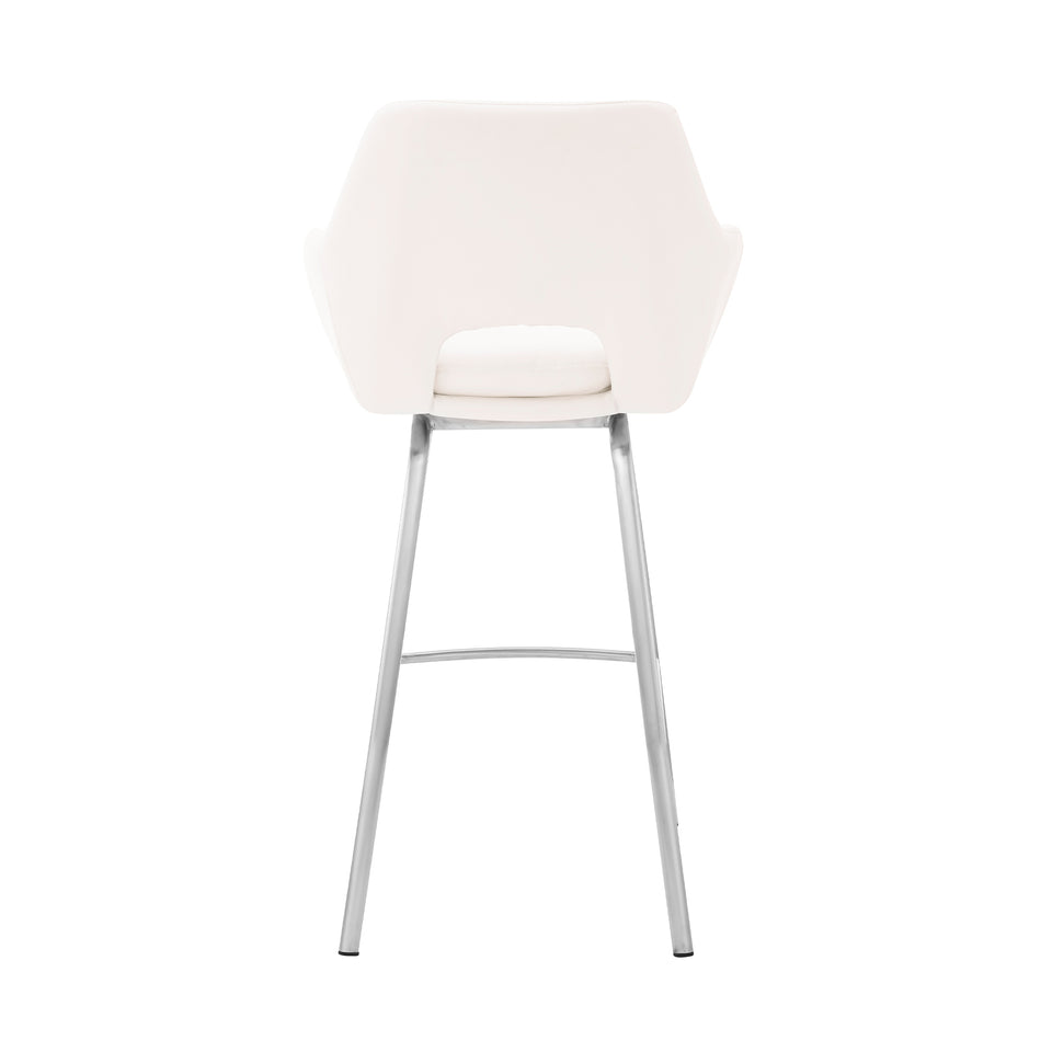 Aura White Faux Leather and Brushed Stainless Steel Swivel 30" Bar Stool