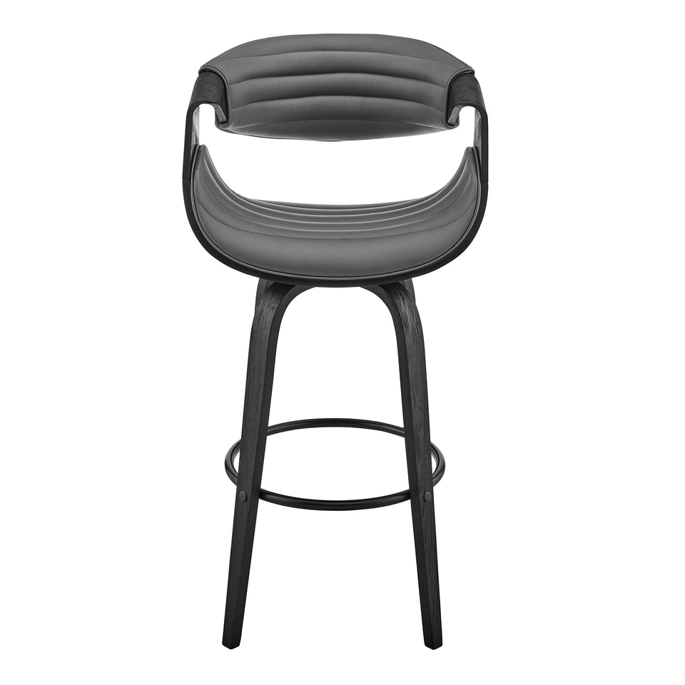 Arya 30" Swivel Bar Stool in Gray Faux Leather and Black Wood