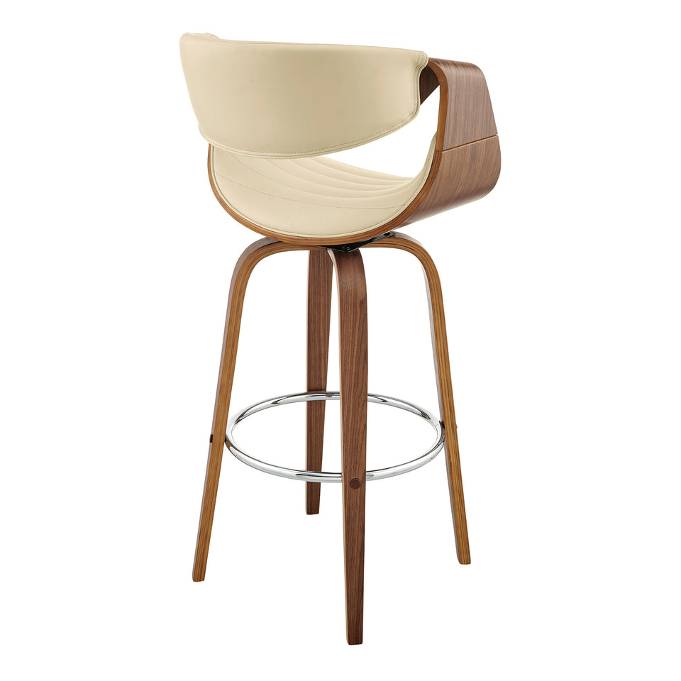 Arya 30" Swivel Bar Stool in Cream Faux Leather and Walnut Wood