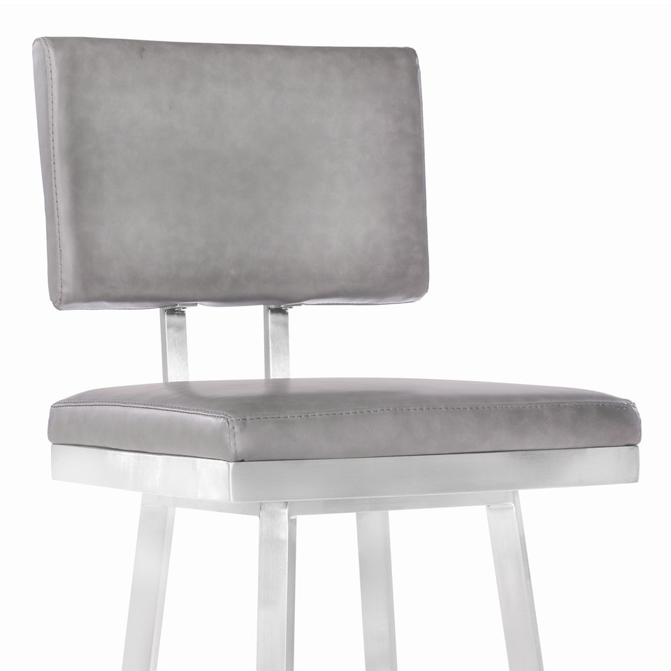 Balboa 26" Counter Height Barstool in Brushed Stainless Steel and Vintage Gray Faux Leather