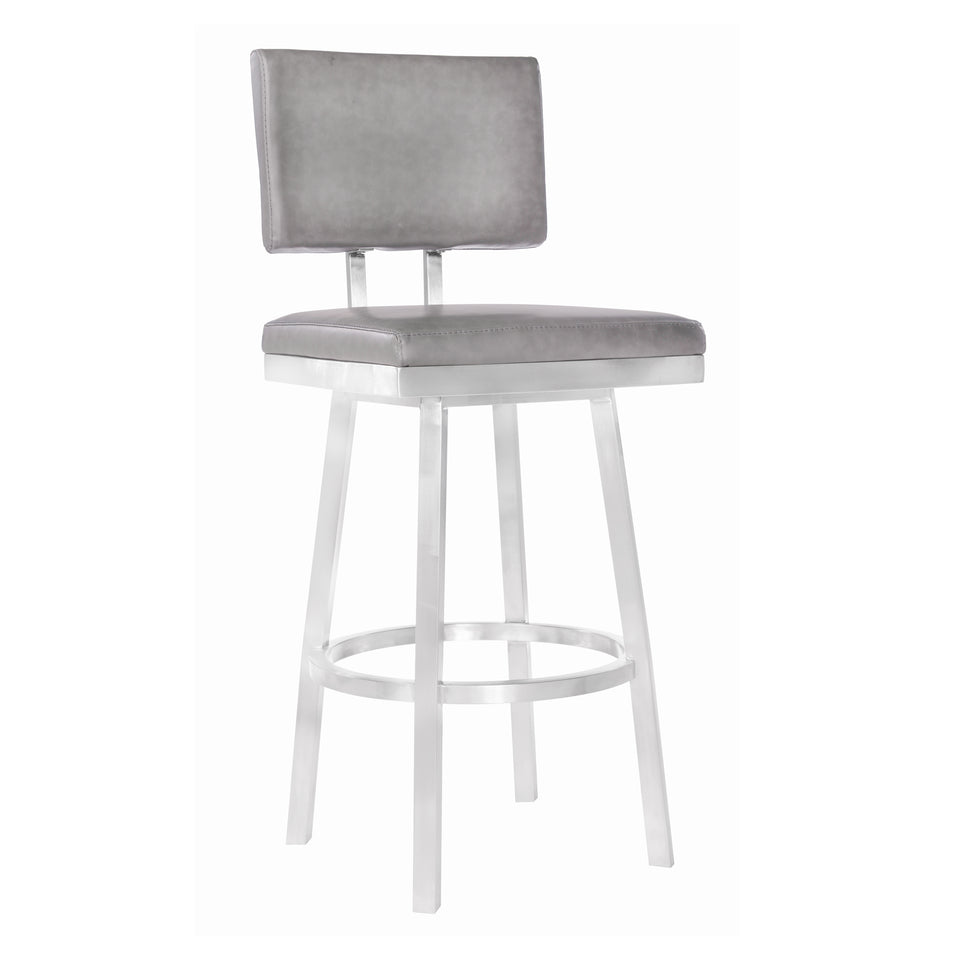 Balboa 26" Counter Height Barstool in Brushed Stainless Steel and Vintage Gray Faux Leather