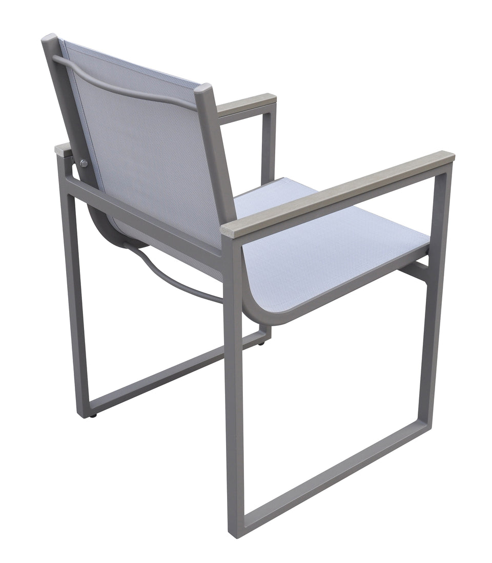 Bistro Outdoor Patio Dining Chair in Grey Powder Coated Finish with Grey Sling Textilene and Grey Wood Accent Arms  - Set of 2