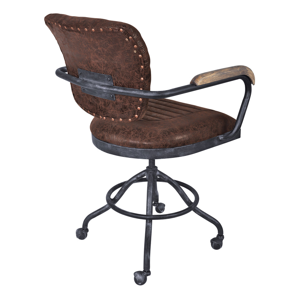 Brice Modern Office Chair in Industrial Gray Finish and Brown Fabric with Pine Wood Arms