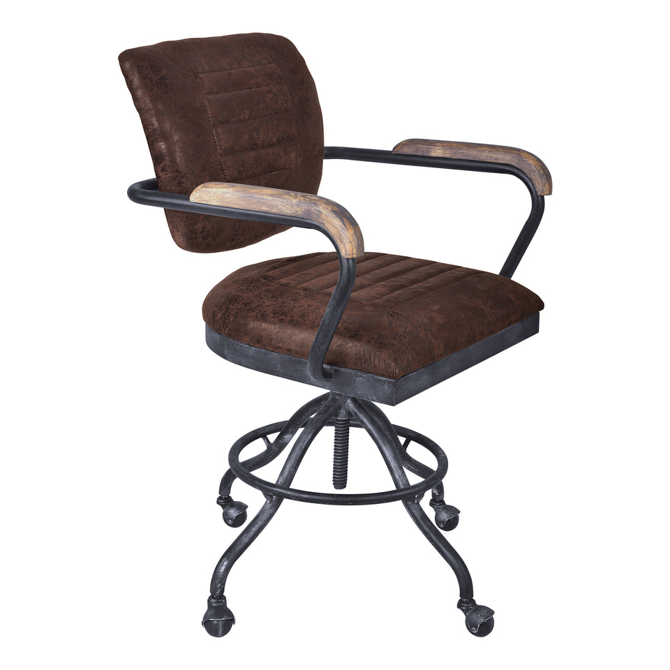 Brice Modern Office Chair in Industrial Gray Finish and Brown Fabric with Pine Wood Arms
