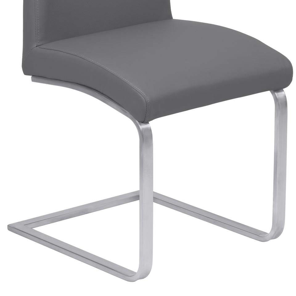 Blanca Contemporary Dining Chair in Gray Faux Leather with Brushed Stainless Steel Finish - Set of 2