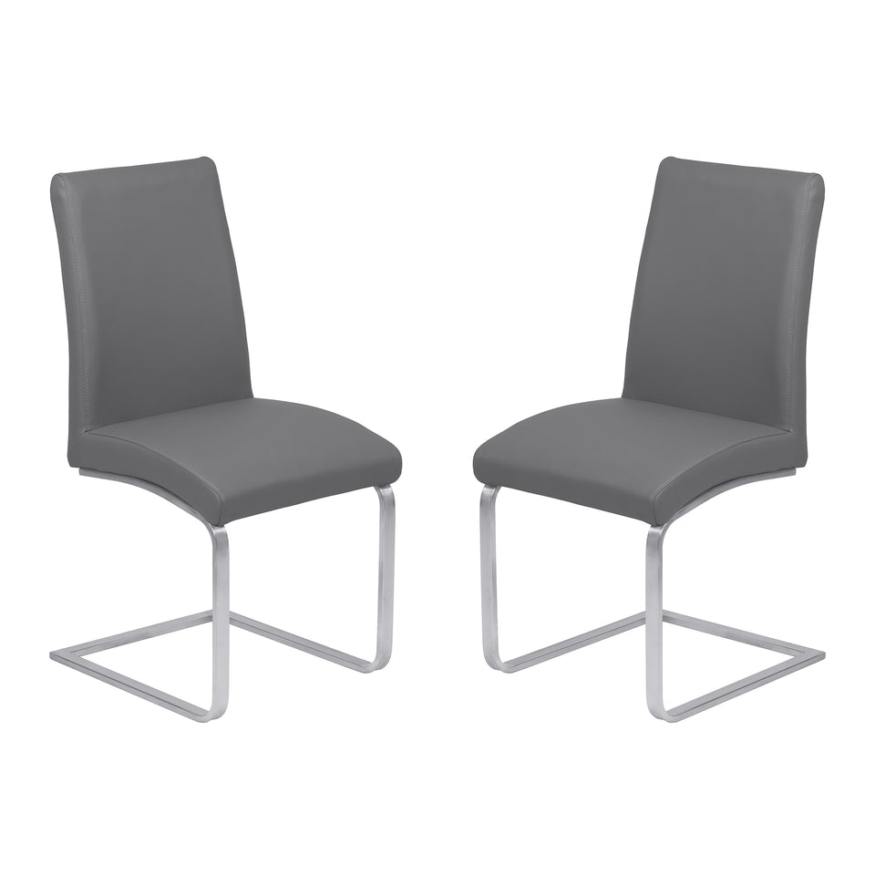 Blanca Contemporary Dining Chair in Gray Faux Leather with Brushed Stainless Steel Finish - Set of 2