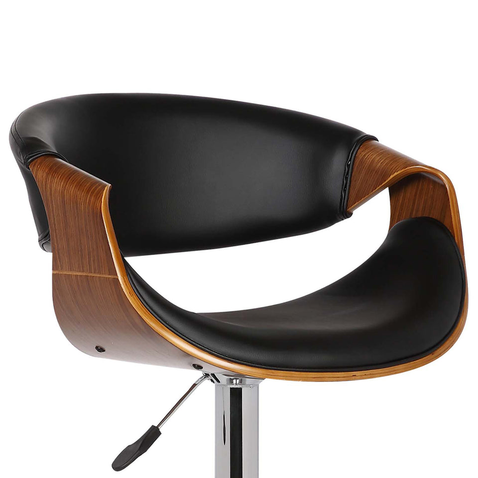 Butterfly Adjustable Swivel Barstool in Black Faux Leather with Chrome Finish and Walnut Wood