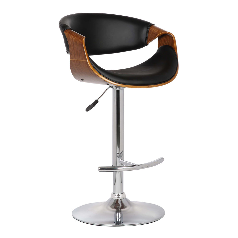 Butterfly Adjustable Swivel Barstool in Black Faux Leather with Chrome Finish and Walnut Wood