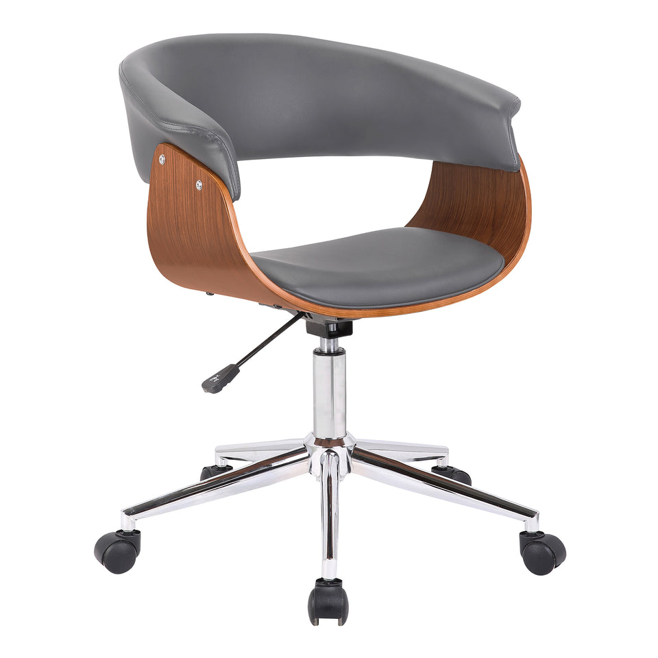 Bellevue Mid-Century Office Chair in Chrome Finish with Gray Faux Leather and Walnut Veneer