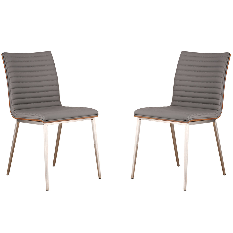 Café Brushed Stainless Steel Dining Chair in Gray Faux Leather with Walnut Back - Set of 2