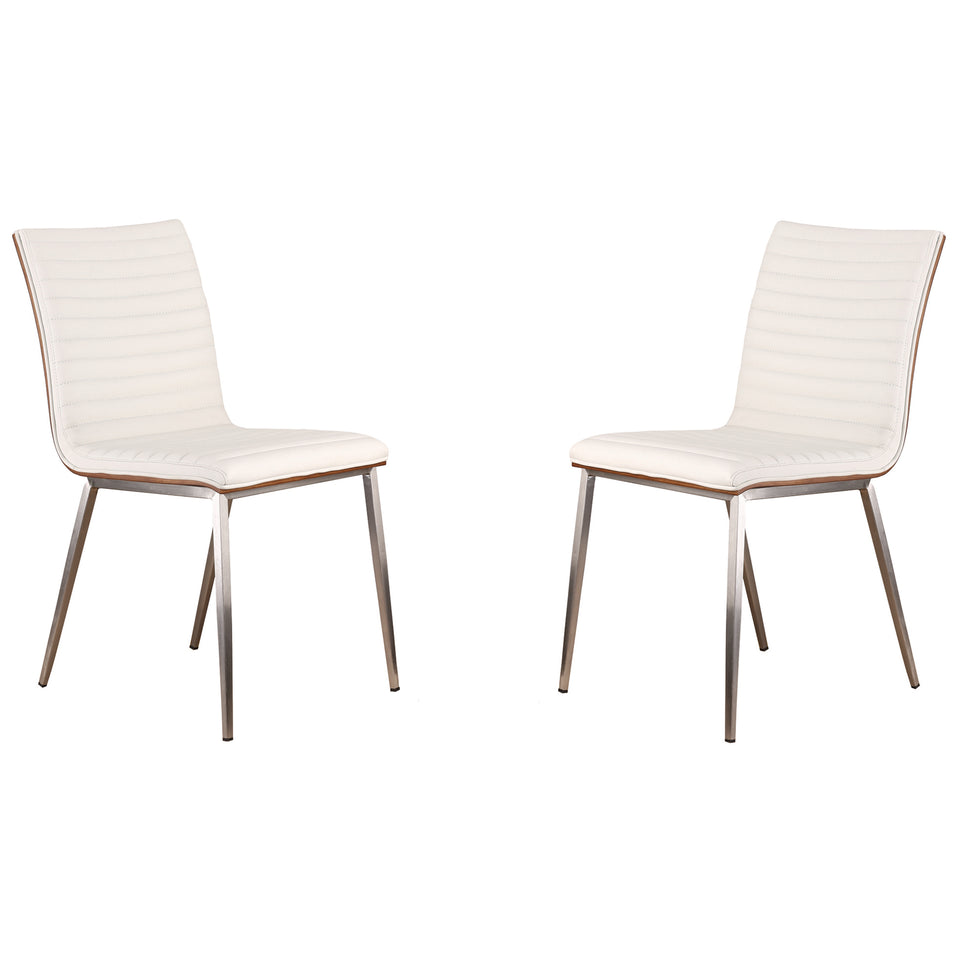Café Brushed Stainless Steel Dining Chair in White Faux Leather with Walnut Back - Set of 2