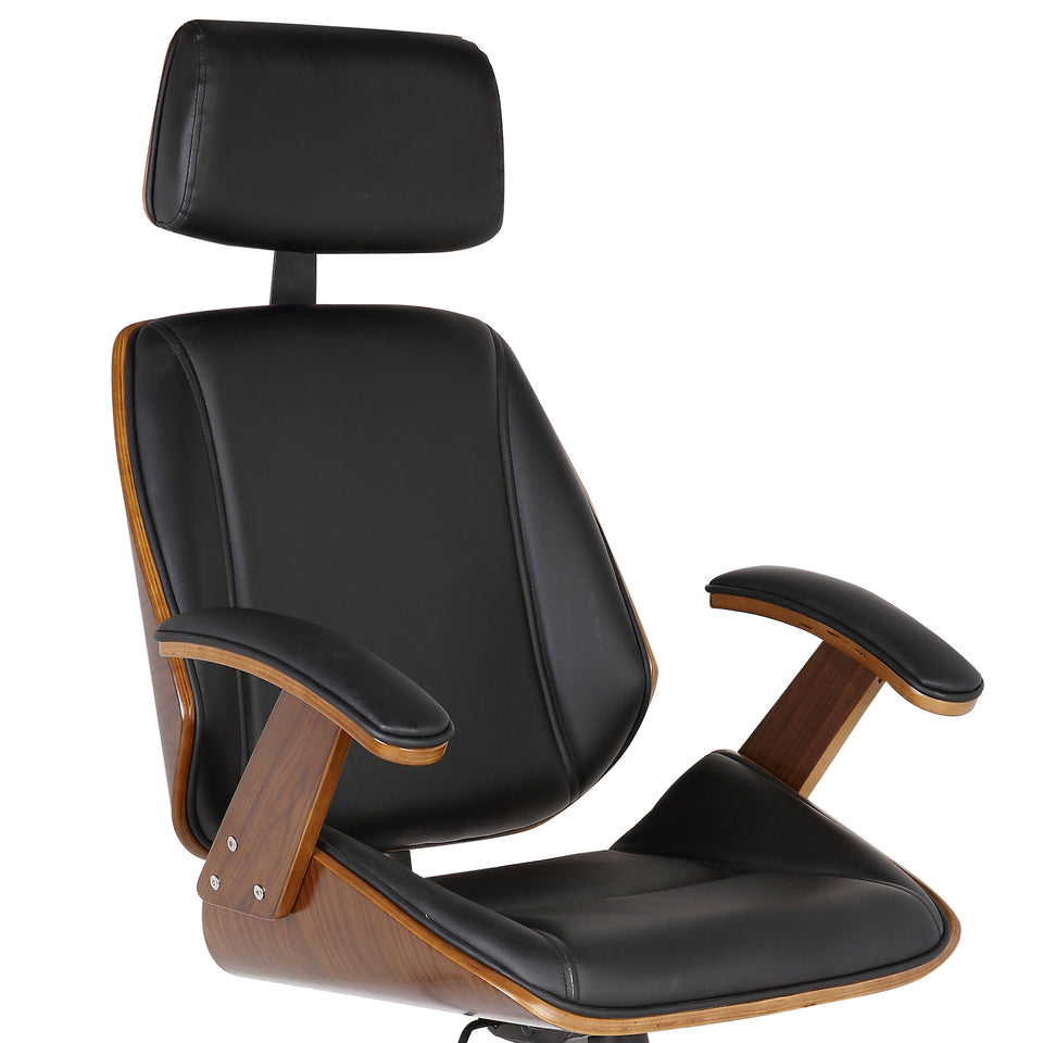Century Office Chair with Multifunctional Mechanism in Chrome finish with Black Faux Leather and Walnut Veneer Back