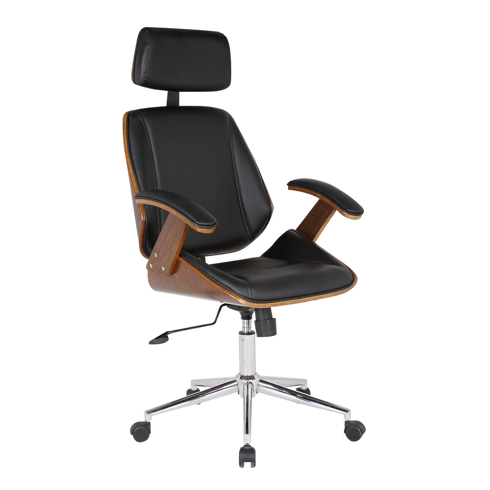 Century Office Chair with Multifunctional Mechanism in Chrome finish with Black Faux Leather and Walnut Veneer Back