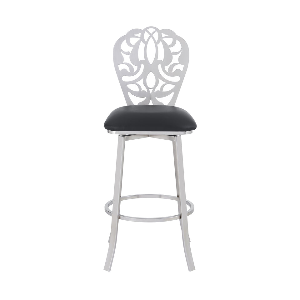 Cherie Contemporary 26" Counter Height Barstool in Brushed Stainless Steel Finish and Black Faux Leather