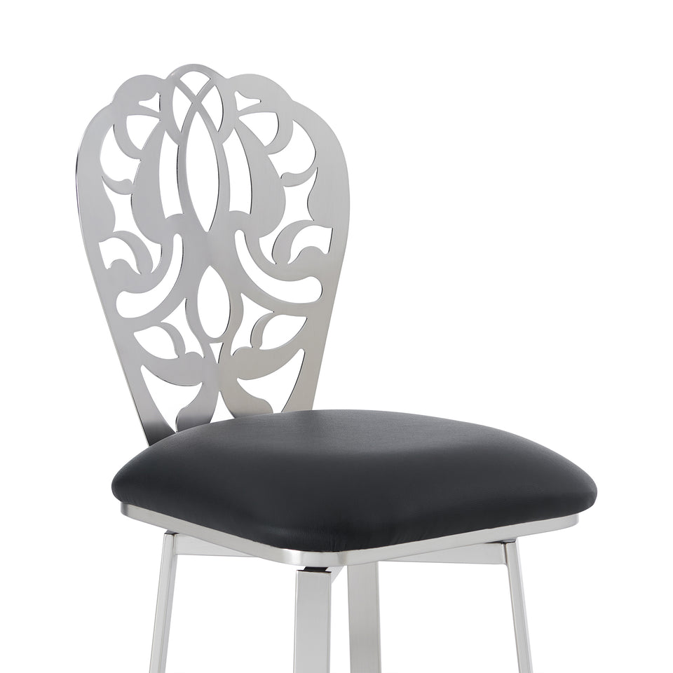Cherie Contemporary 26" Counter Height Barstool in Brushed Stainless Steel Finish and Black Faux Leather