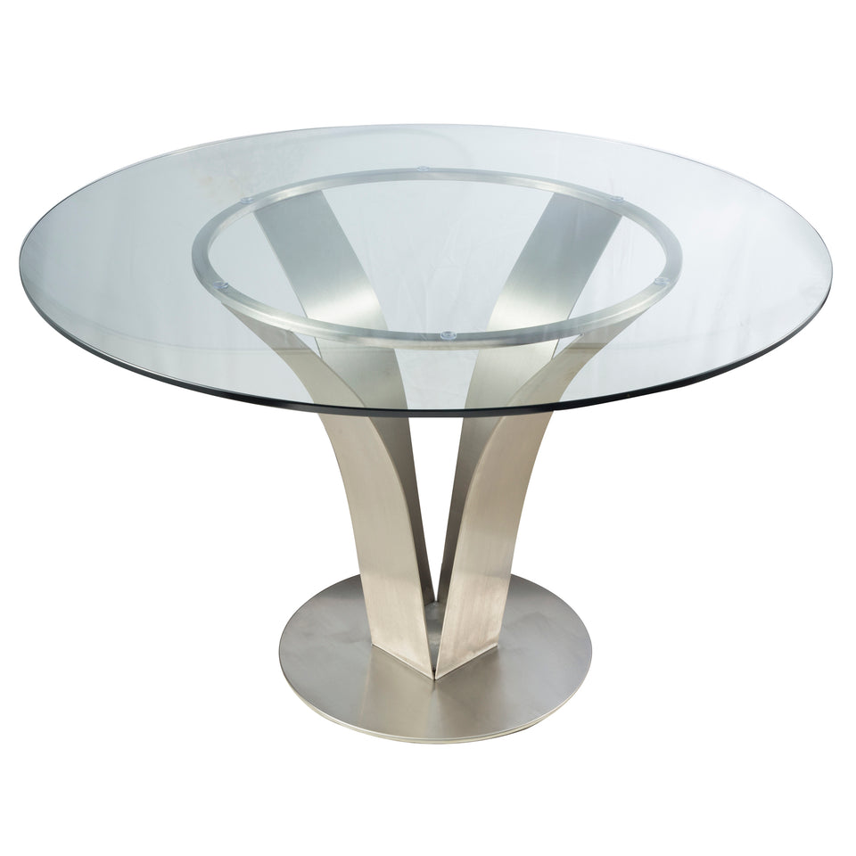Cleo Contemporary Dining Table In Stainless Steel With Clear Glass