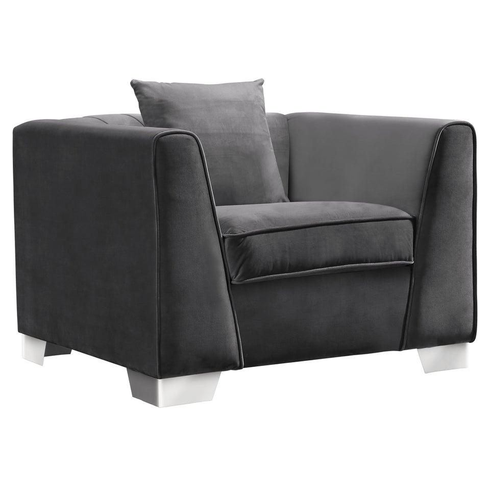 Cambridge Contemporary Sofa Chair in Brushed Stainless Steel and Dark Gray Velvet