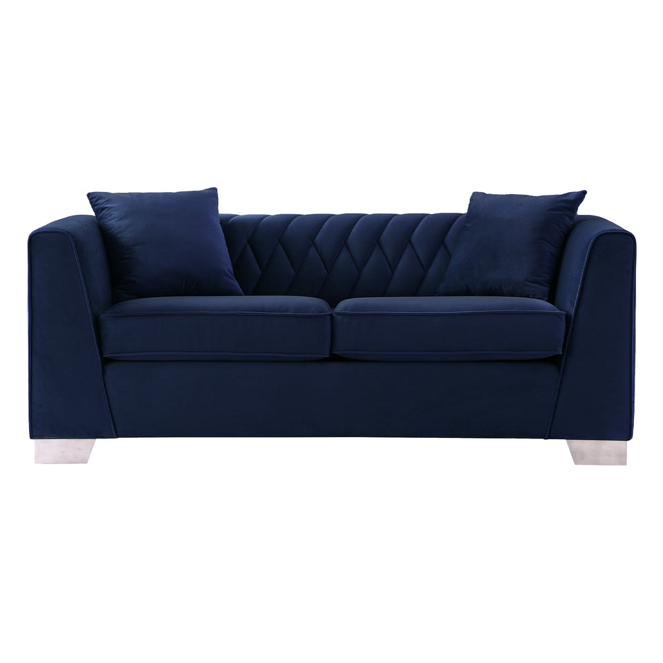 Cambridge Contemporary Loveseat in Brushed Stainless Steel and Blue Velvet