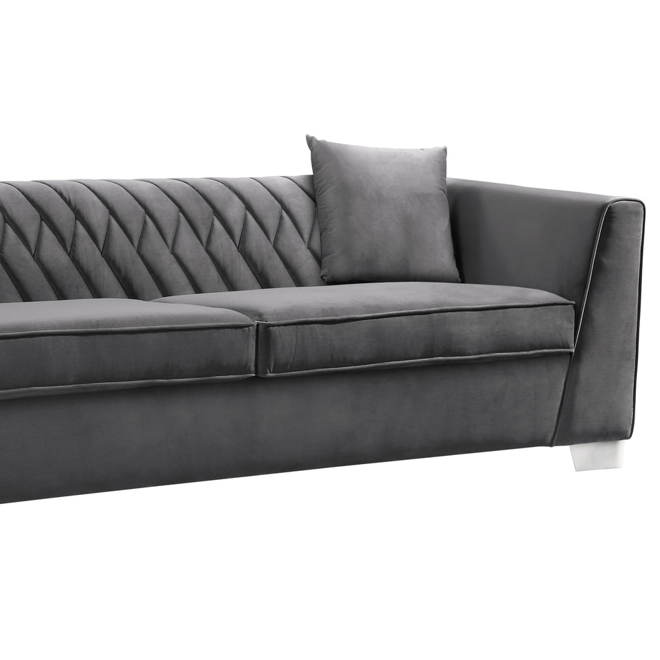 Cambridge Contemporary Sofa in Brushed Stainless Steel and Dark Gray Velvet