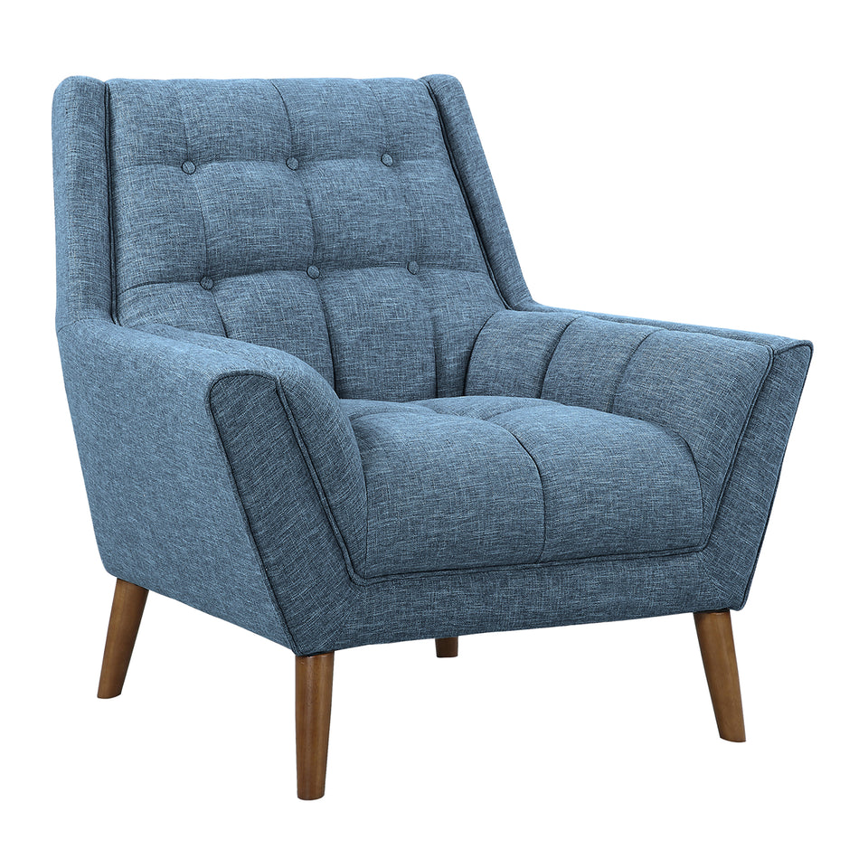 Cobra Mid-Century Modern Chair in Blue Linen and Walnut Legs