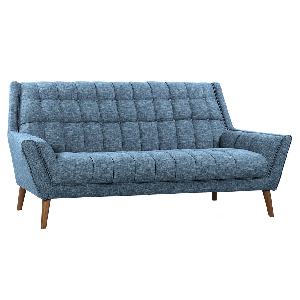 Cobra Mid-Century Modern Sofa in Blue Linen and Walnut Legs