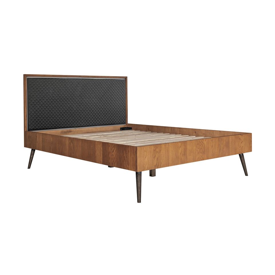 Coco Rustic Oak Wood Upholstered Faux Leather Queen Platform Bed
