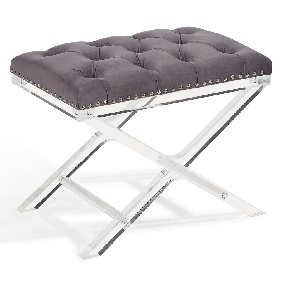 Cody Modern and Contemporary Tufted Ottoman in Gray Velvet with Acrylic Legs