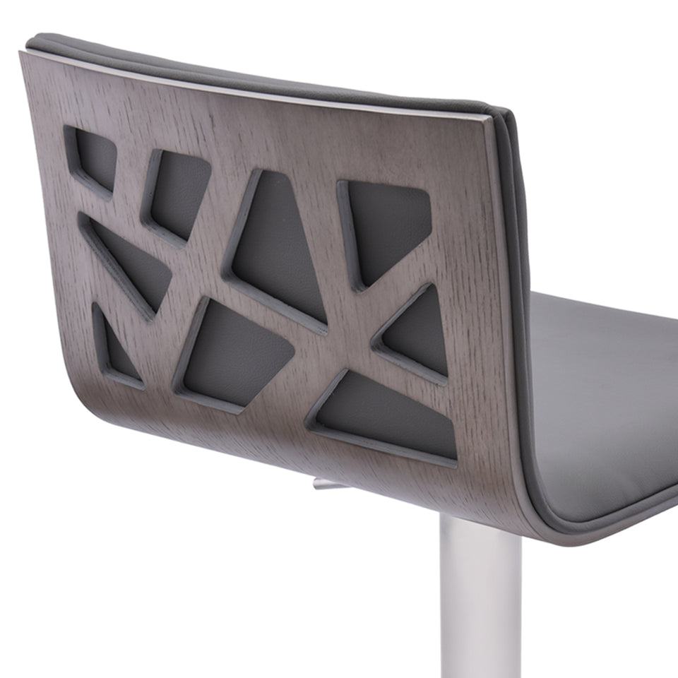 Crystal Adjustable Swivel Barstool in Gray Faux Leather with Brushed Stainless Steel Finish and Gray Walnut Veneer Back
