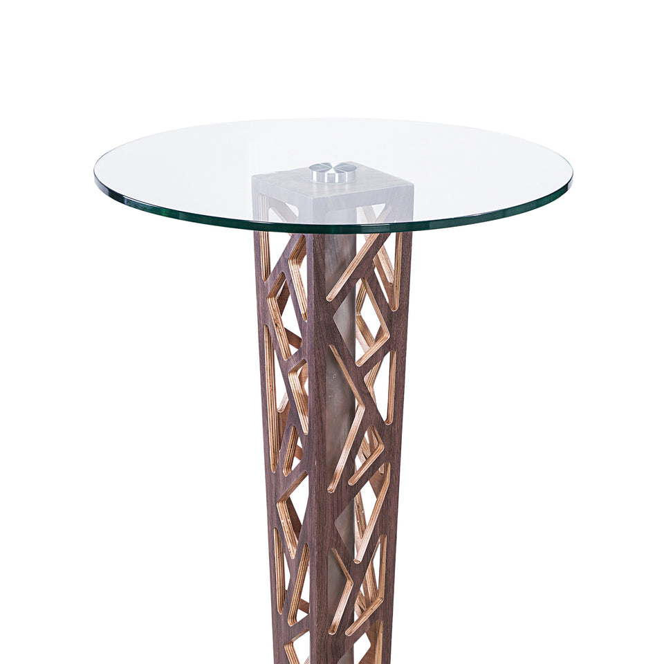Crystal Bar Table with Walnut Veneer column and Brushed Stainless Steel finish with Clear Tempered Glass Top