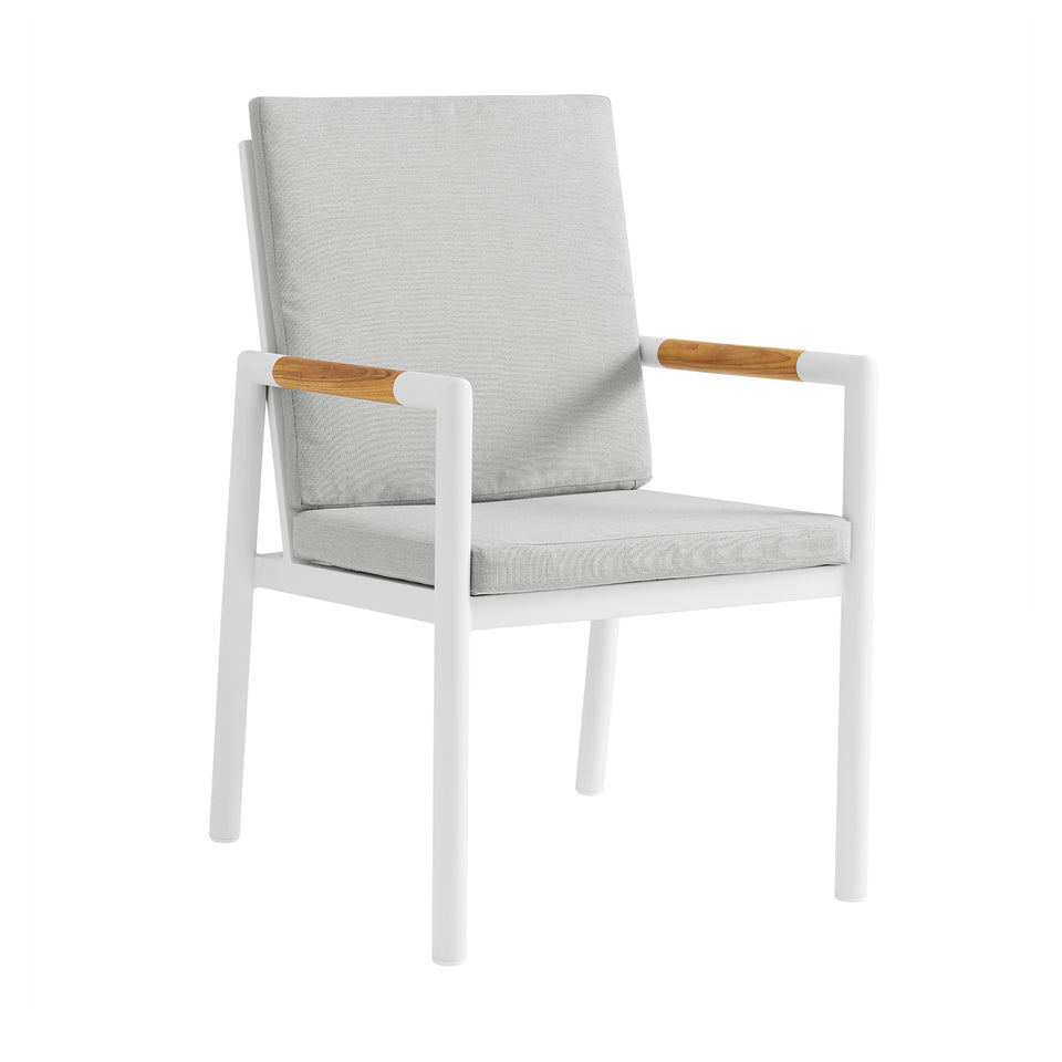 Crown White Aluminum and Teak Outdoor Dining Chair with Light Gray Fabric - Set of 2
