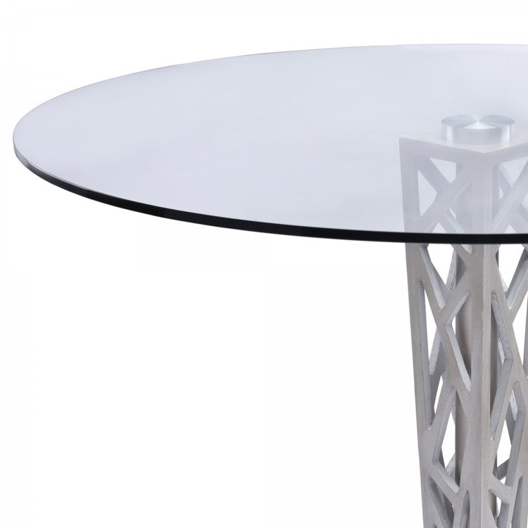 Crystal 48" Round Dining Table in Gray Walnut Veneer column and Brushed Stainless Steel finish with Clear Tempered Glass Top