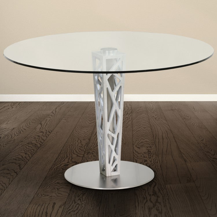 Crystal 48" Round Dining Table in Gray Walnut Veneer column and Brushed Stainless Steel finish with Clear Tempered Glass Top