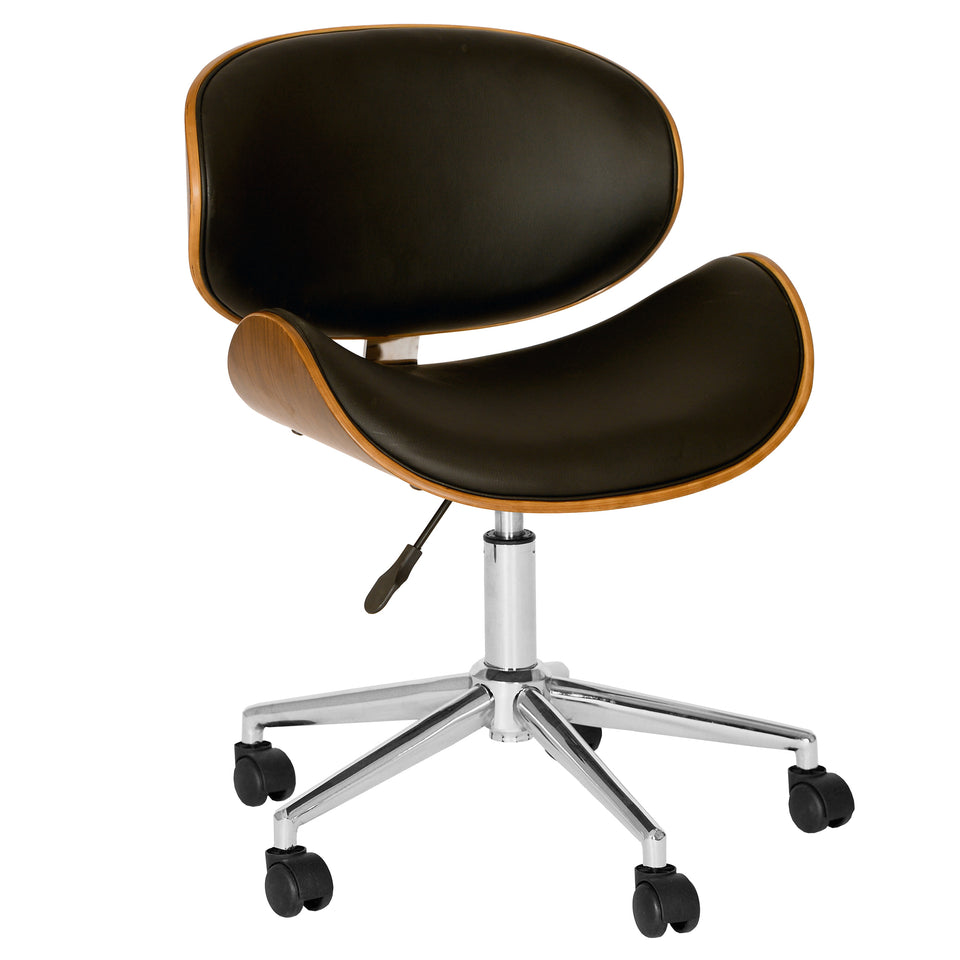 Daphne Modern Office Chair In Chrome Finish with Black Faux Leather And Walnut Veneer Back