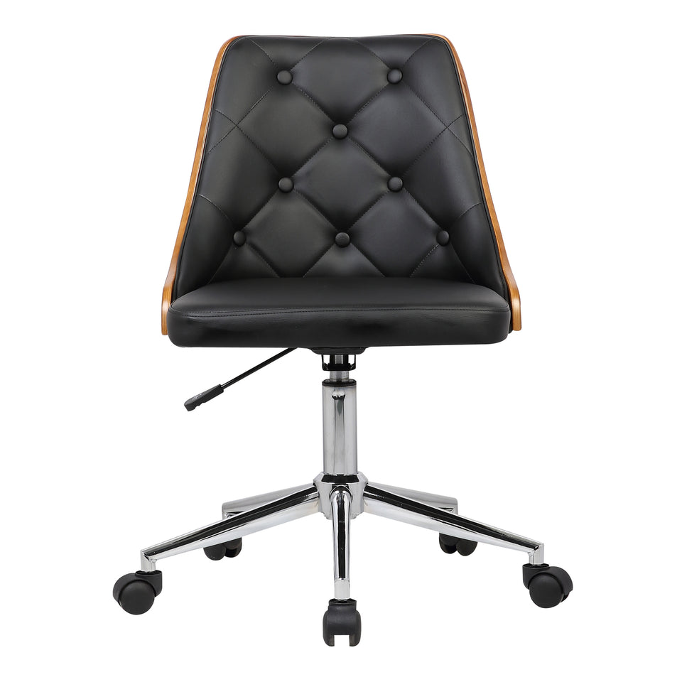 Diamond Mid-Century Office Chair in Chrome finish with Tufted Black Faux Leather and Walnut Veneer Back