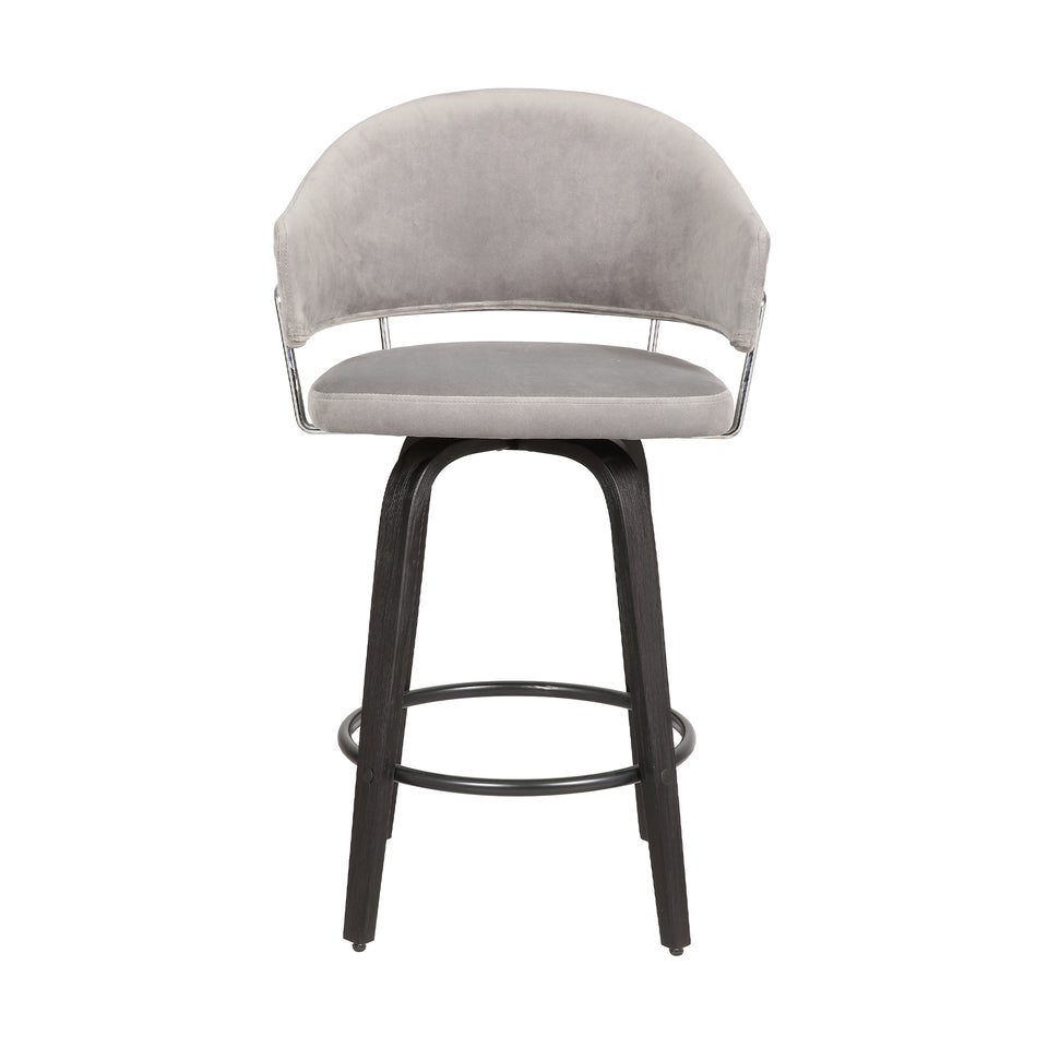 Doral 26" Light Gray Velvet Barstool in Black Powder Coated Finish with Chrome and Black Brushed Wood