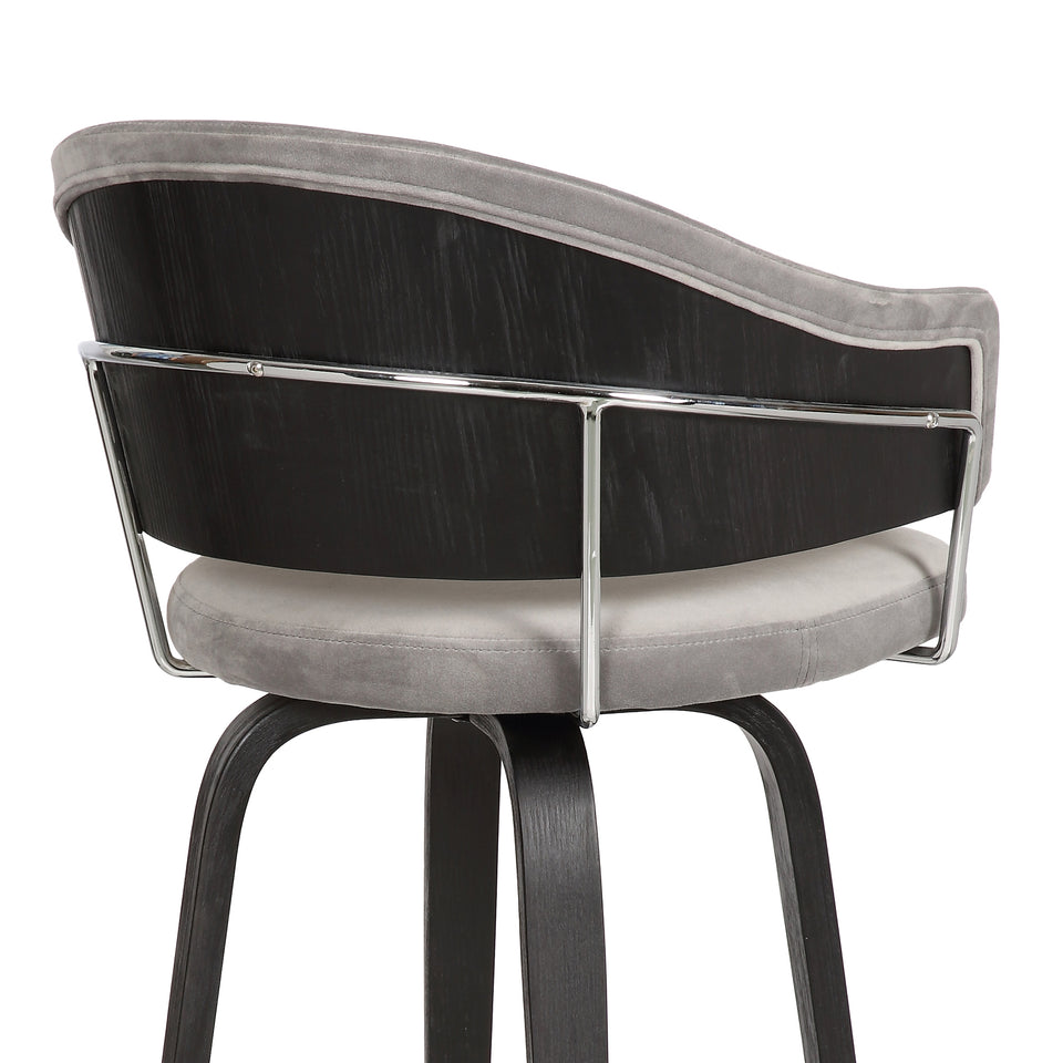 Doral 26" Light Gray Velvet Barstool in Black Powder Coated Finish with Chrome and Black Brushed Wood