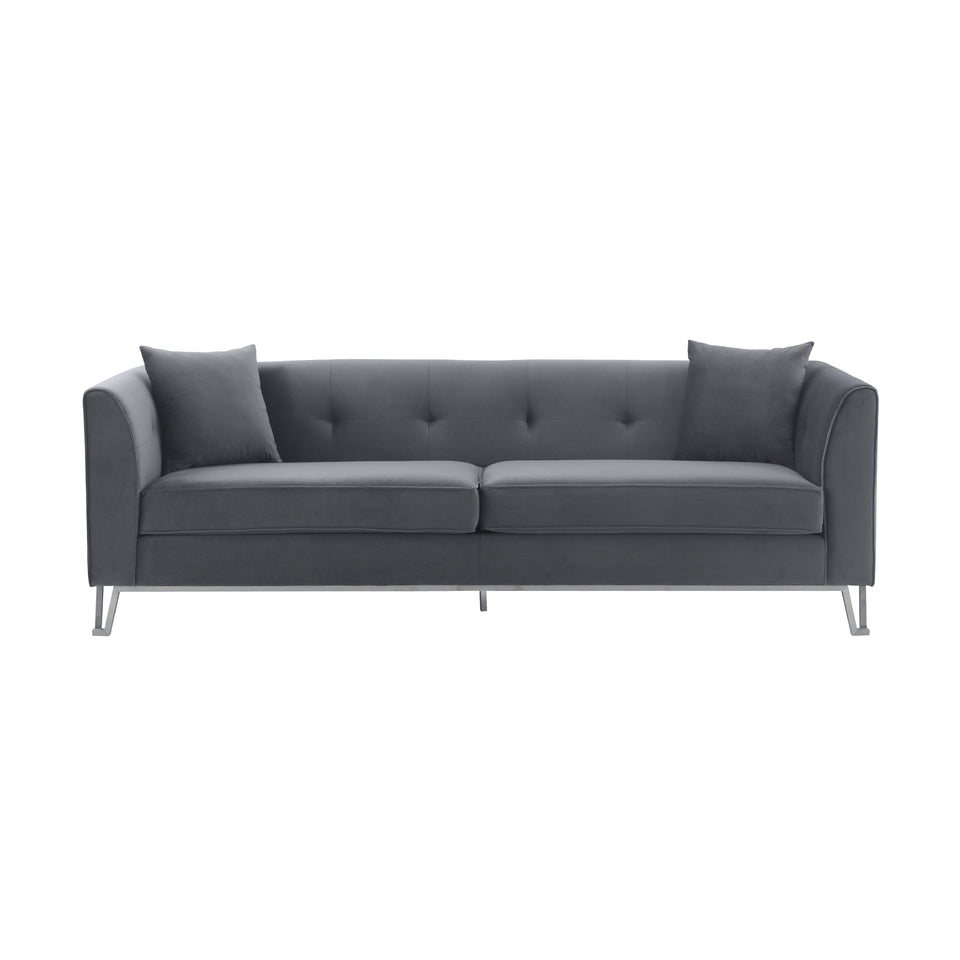 Everest 90" Gray Fabric Upholstered Sofa with Brushed Stainless Steel Legs