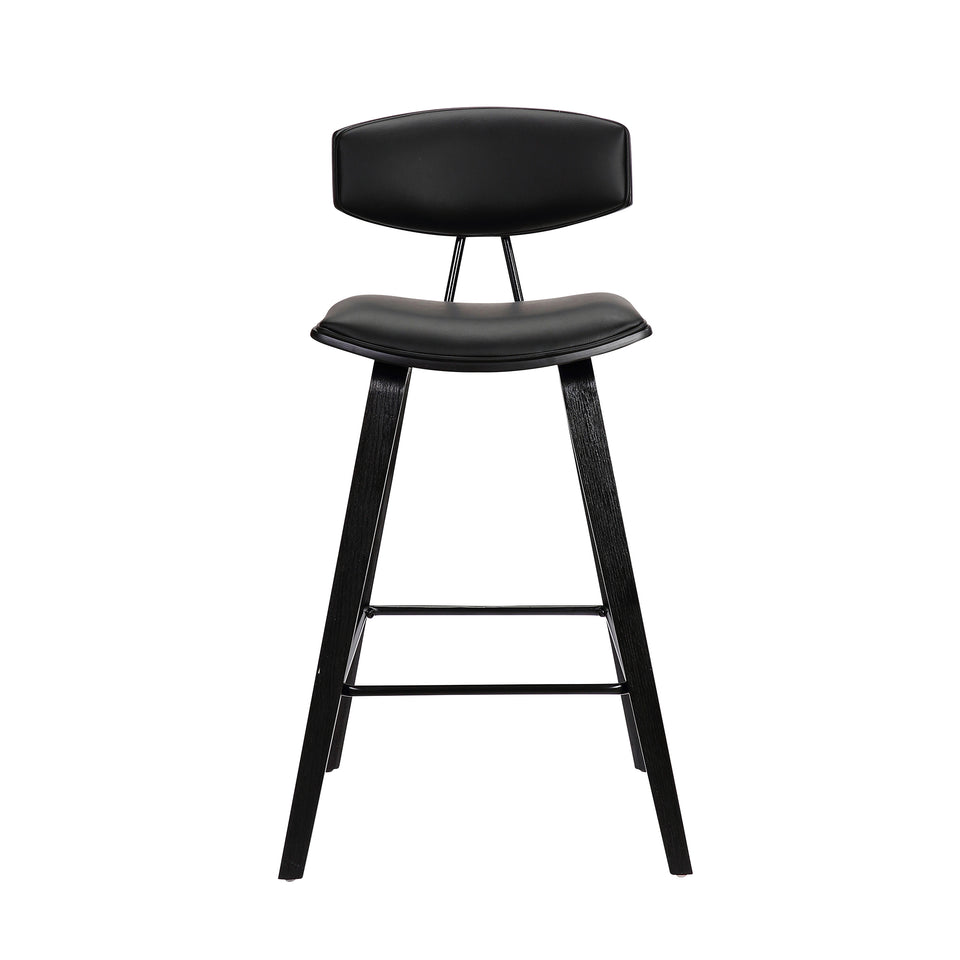 Fox 28.5" Mid-Century Bar Height Barstool in Black Faux Leather with Black Brushed Wood