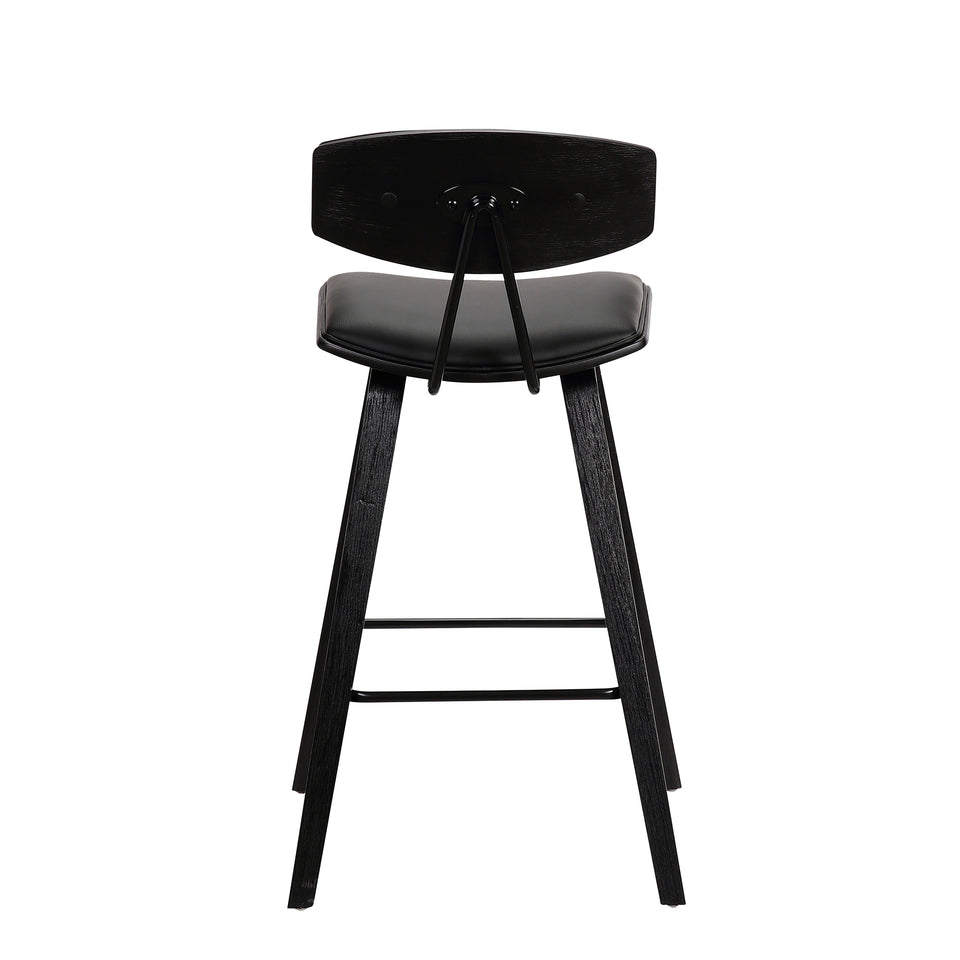 Fox 28.5" Mid-Century Bar Height Barstool in Black Faux Leather with Black Brushed Wood