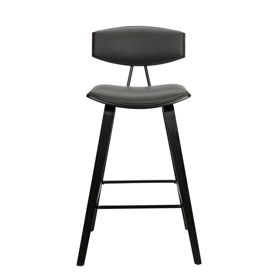 Fox 25.5" Mid-Century Counter Height Barstool in Gray Faux Leather with Black Brushed Wood