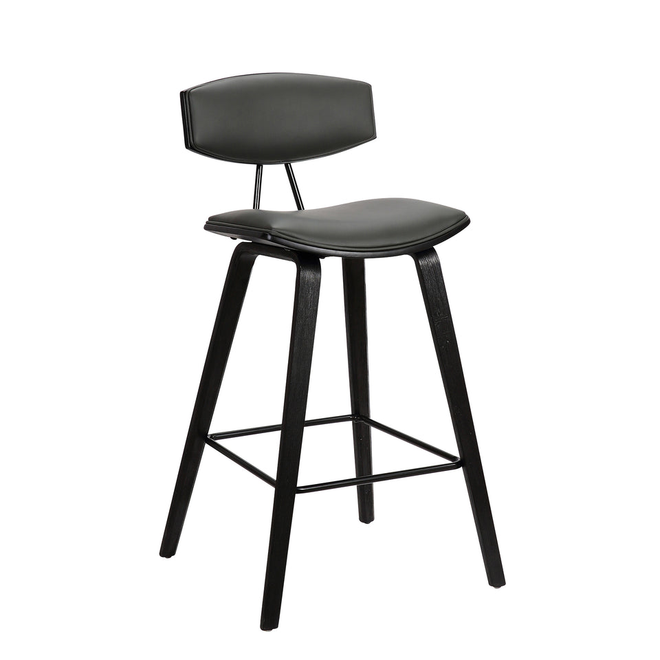 Fox 25.5" Mid-Century Counter Height Barstool in Gray Faux Leather with Black Brushed Wood